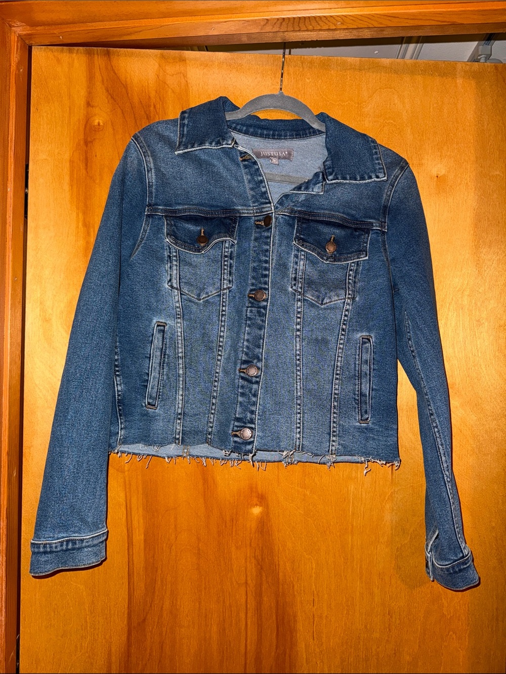 Just USA Medium Blue Frayed Hem Denim Jacket